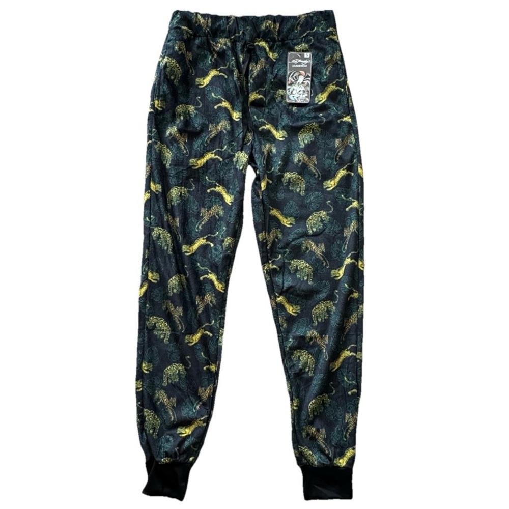 Ed Hardy Tiger Print Lounge Pants Black Yellow Jogger Pajama Y2K NWT S